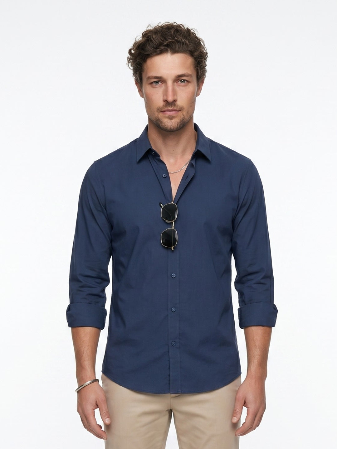 Blue Band Collar Solid Casual Cotton Men's Shirt