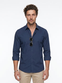 Blue Band Collar Solid Casual Cotton Men's Shirt