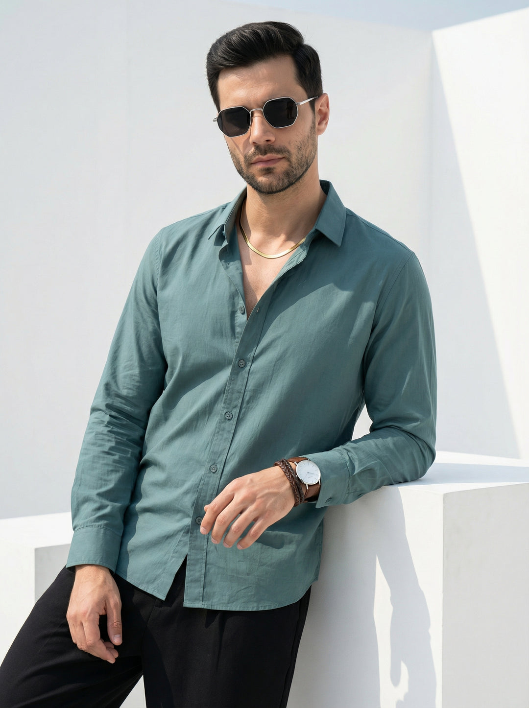 Sea Green Band Collar Solid Print Cotton Men's Shirt