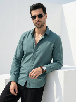 Sea Green Band Collar Solid Print Cotton Men's Shirt