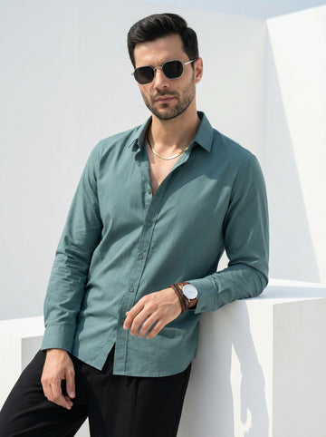 Sea Green Band Collar Solid Print Cotton Men's Shirt
