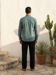 Sea Green Band Collar Solid Print Cotton Men's Shirt
