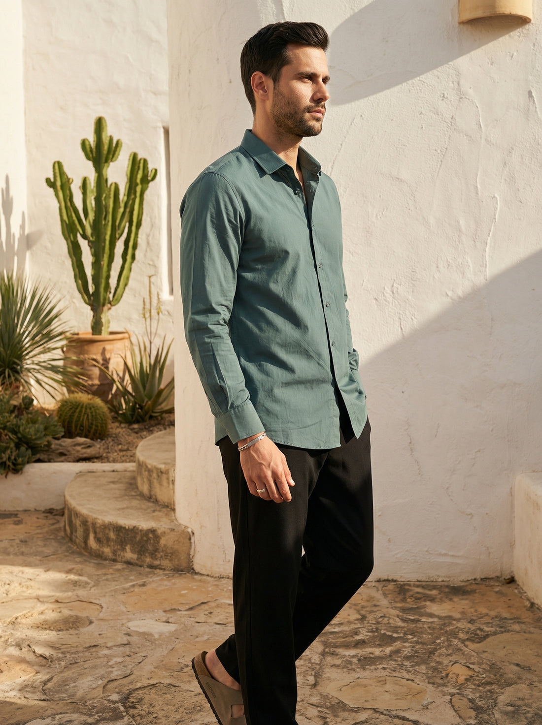 Sea Green Band Collar Solid Print Cotton Men's Shirt