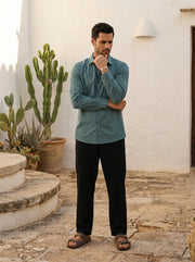 Sea Green Band Collar Solid Print Cotton Men's Shirt