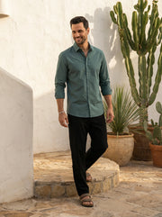 Sea Green Band Collar Solid Print Cotton Men's Shirt