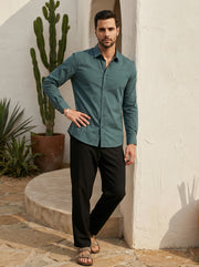 Sea Green Band Collar Solid Print Cotton Men's Shirt