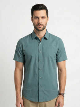 Sea Green Solid Print Band Collar Cotton Men's Shirt