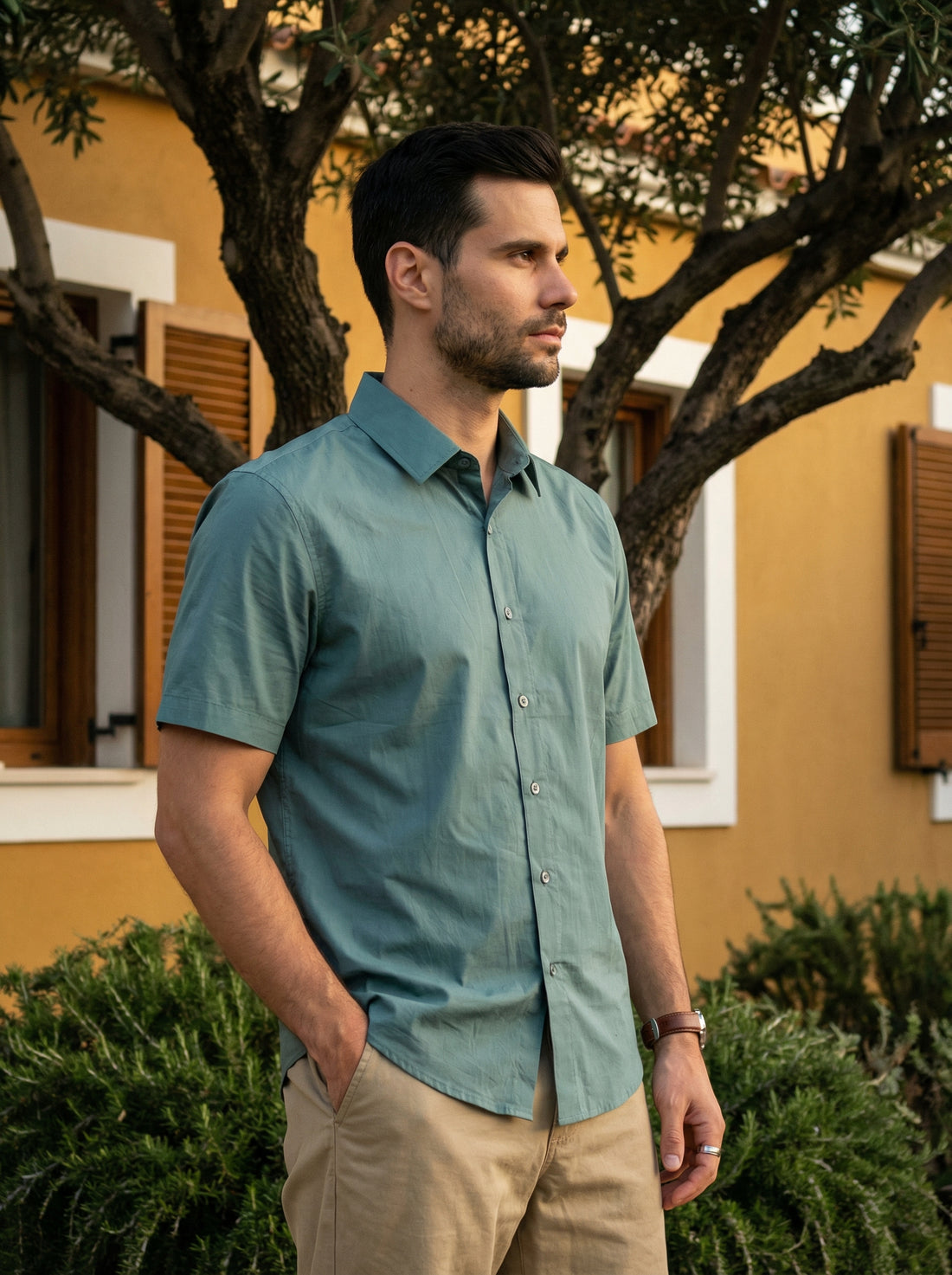 Sea Green Solid Print Band Collar Cotton Men's Shirt