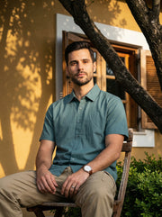 Sea Green Solid Print Band Collar Cotton Men's Shirt