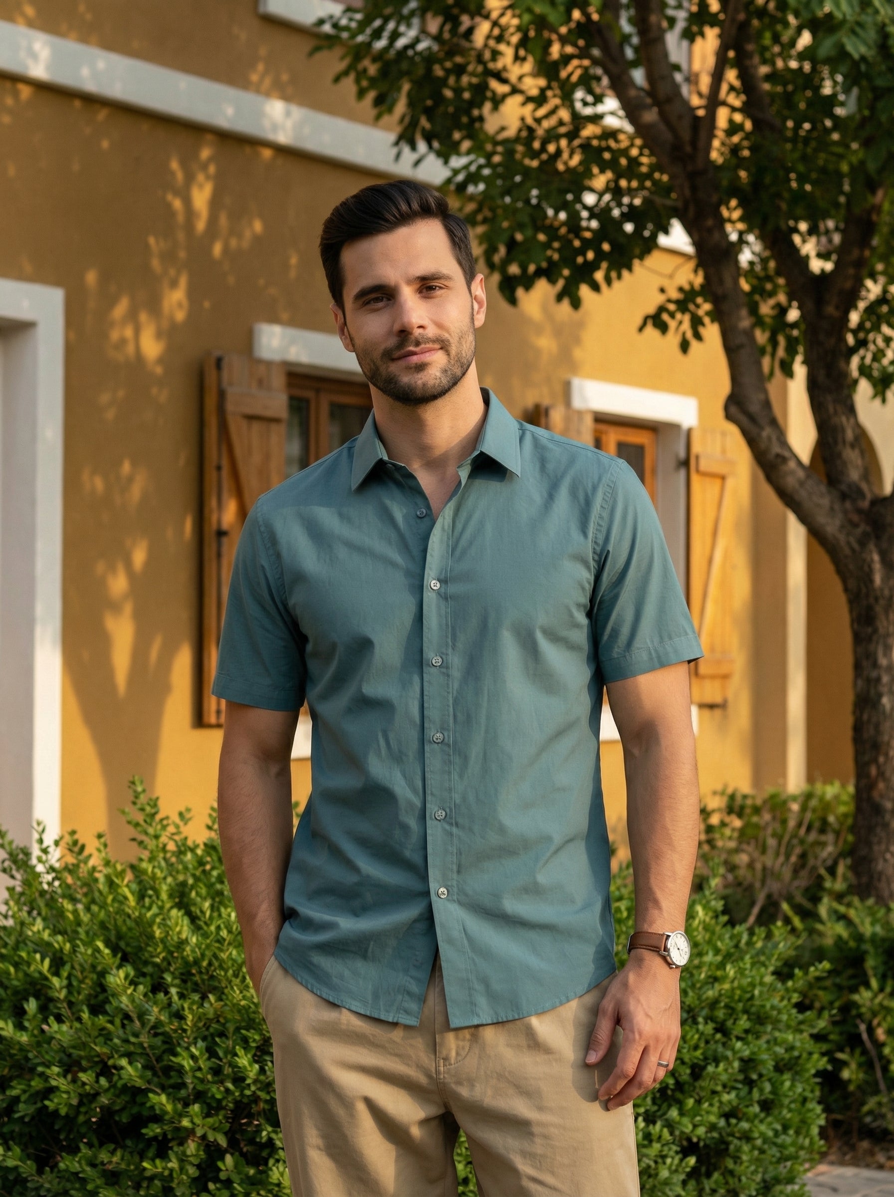 Sea Green Solid Print Band Collar Cotton Men's Shirt