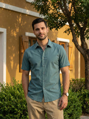 Sea Green Solid Print Band Collar Cotton Men's Shirt
