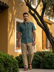 Sea Green Solid Print Band Collar Cotton Men's Shirt
