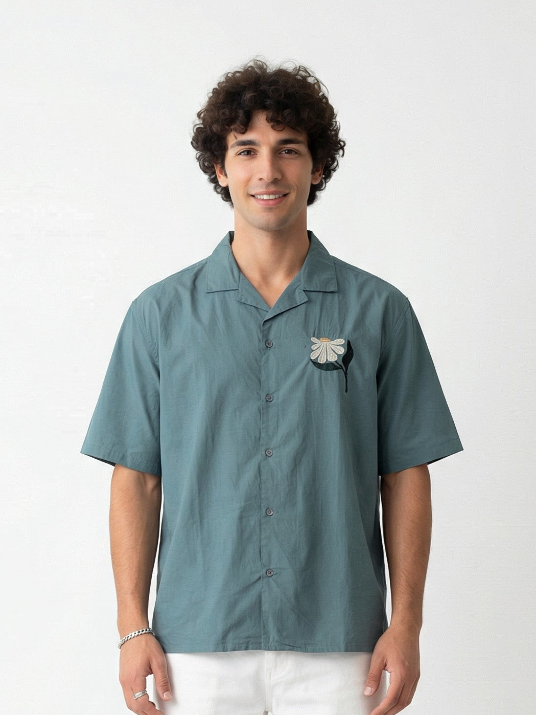 Sea Green Cuban Collar Solid Print Cotton Men's Shirt