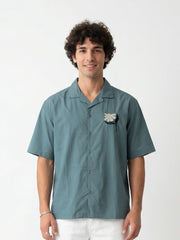 Sea Green Cuban Collar Embroidred Print Cotton Oversized Men's Shirt