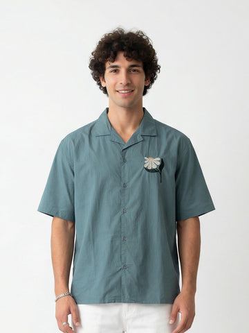 Sea Green Cuban Collar Solid Print Cotton Men's Shirt