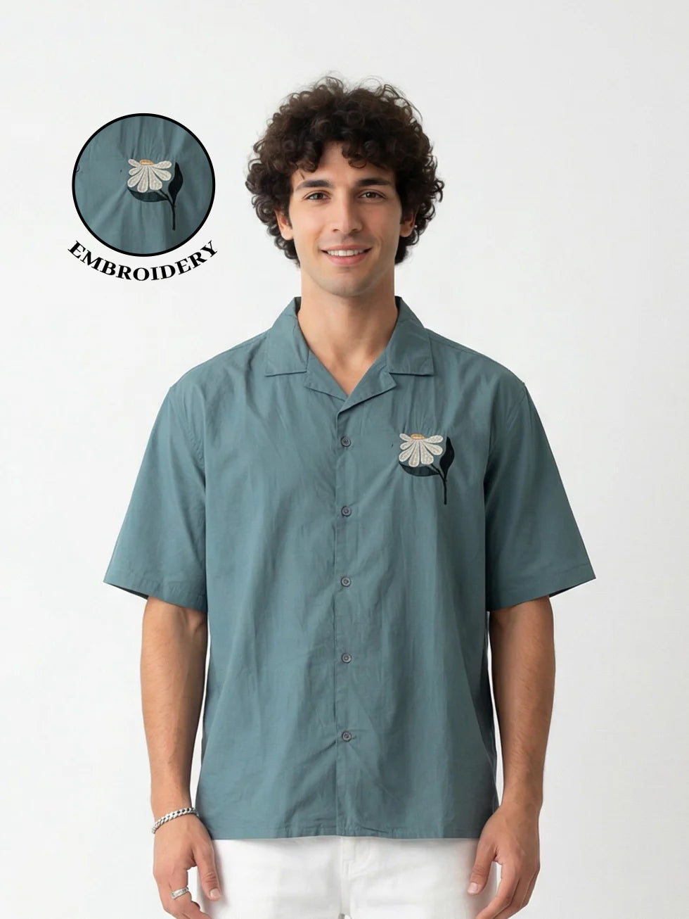 Sea Green Cuban Collar Embroidred Print Cotton Oversized Men's Shirt