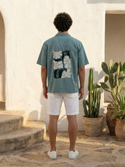 Sea Green Cuban Collar Embroidred Print Cotton Oversized Men's Shirt