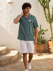 Sea Green Cuban Collar Embroidred Print Cotton Oversized Men's Shirt