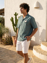 Sea Green Cuban Collar Embroidred Print Cotton Oversized Men's Shirt