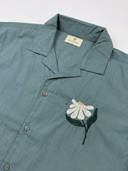Sea Green Cuban Collar Embroidred Print Cotton Oversized Men's Shirt