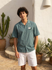 Sea Green Cuban Collar Embroidred Print Cotton Oversized Men's Shirt