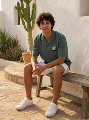 Sea Green Cuban Collar Embroidred Print Cotton Oversized Men's Shirt