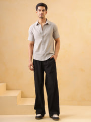 Grey Solid Band Collar Short Sleeves Cotton Men's Shirt