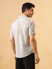 Grey Solid Band Collar Short Sleeves Cotton Men's Shirt