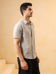 Grey Solid Band Collar Short Sleeves Cotton Men's Shirt