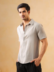 Grey Solid Band Collar Short Sleeves Cotton Men's Shirt