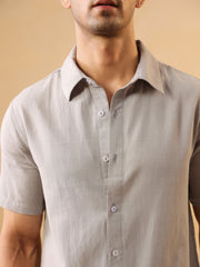 Grey Solid Band Collar Short Sleeves Cotton Men's Shirt