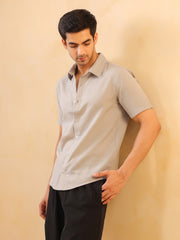 Grey Solid Band Collar Short Sleeves Cotton Men's Shirt