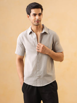 Grey Solid Band Collar Short Sleeves Cotton Men's Shirt