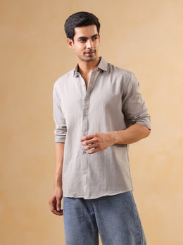 Grey Solid Band Collar Cotton Men's Shirt