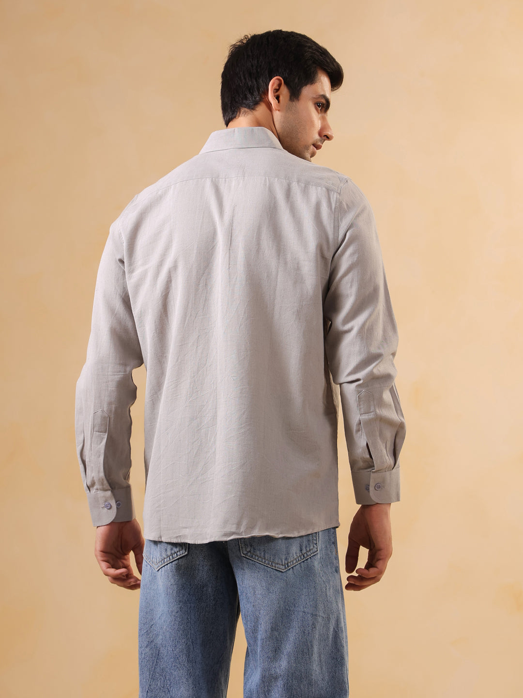 Grey Solid Band Collar Relaxed Fit Cotton Men's Shirt