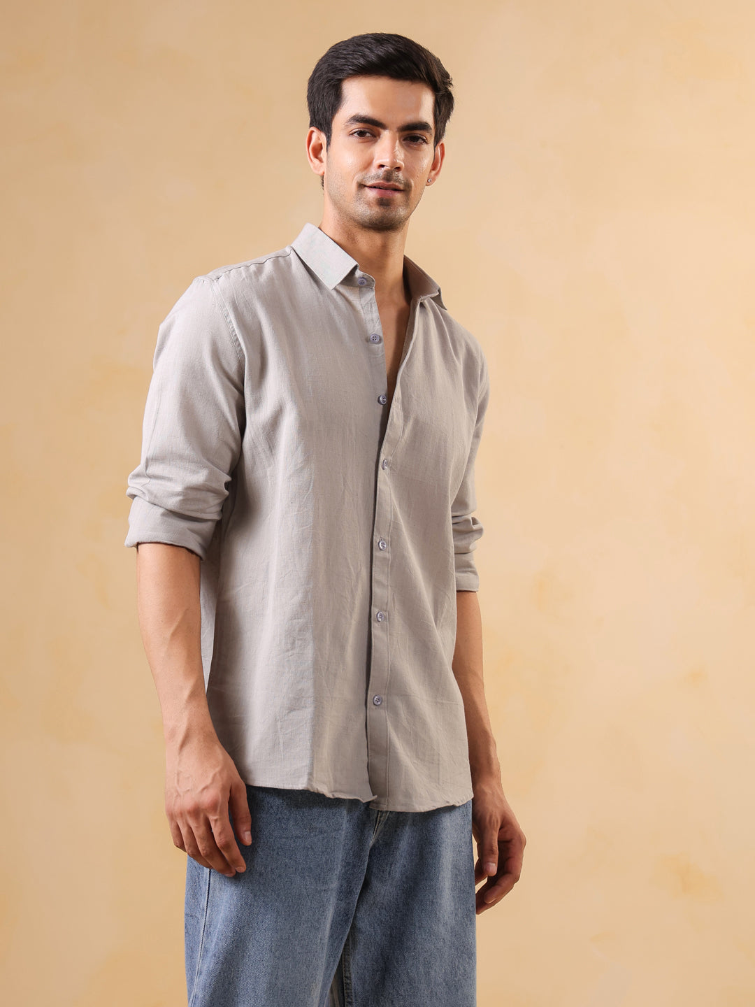 Grey Solid Band Collar Relaxed Fit Cotton Men's Shirt