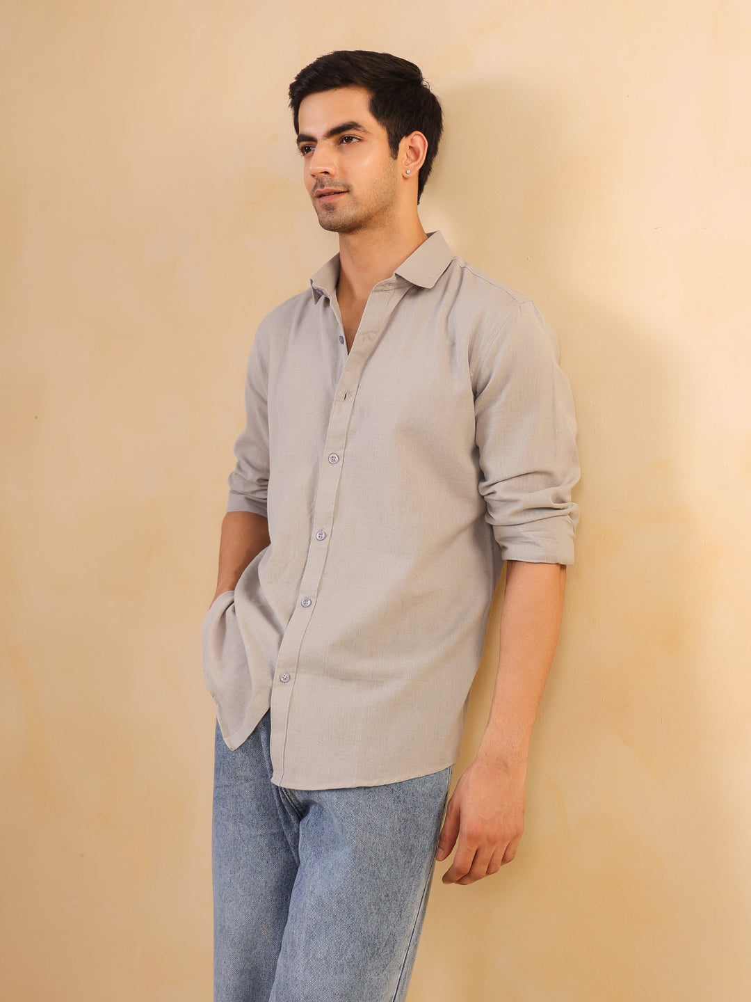 Grey Solid Band Collar Relaxed Fit Cotton Men's Shirt