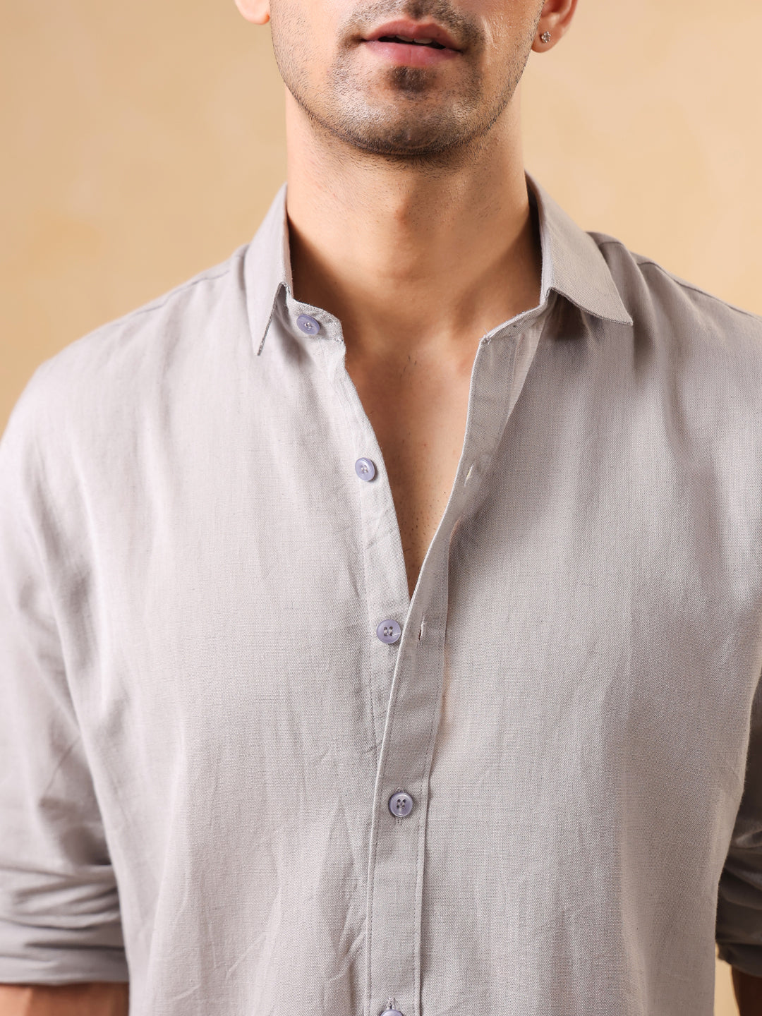 Grey Solid Band Collar Relaxed Fit Cotton Men's Shirt
