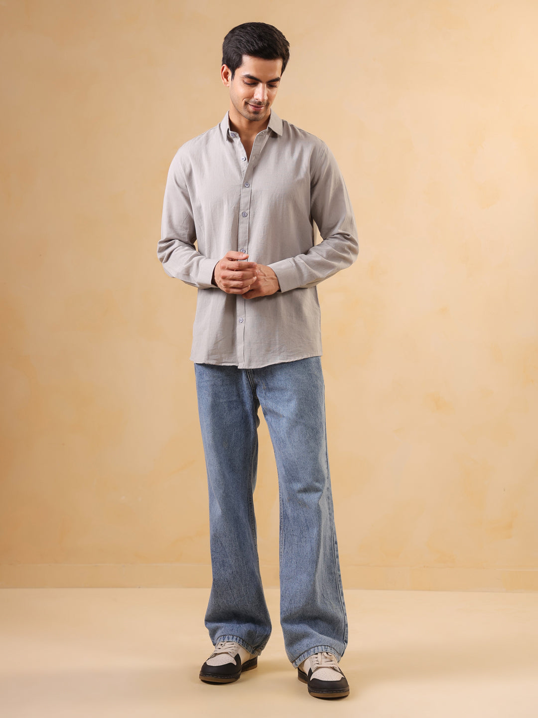 Grey Solid Band Collar Relaxed Fit Cotton Men's Shirt
