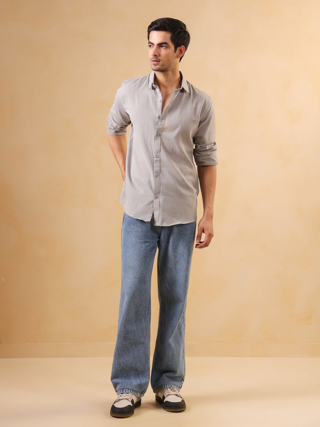 Grey Solid Band Collar Relaxed Fit Cotton Men's Shirt