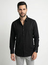 Black Band Collar Solid Print With Long Sleeves Cotton Men's Shirt