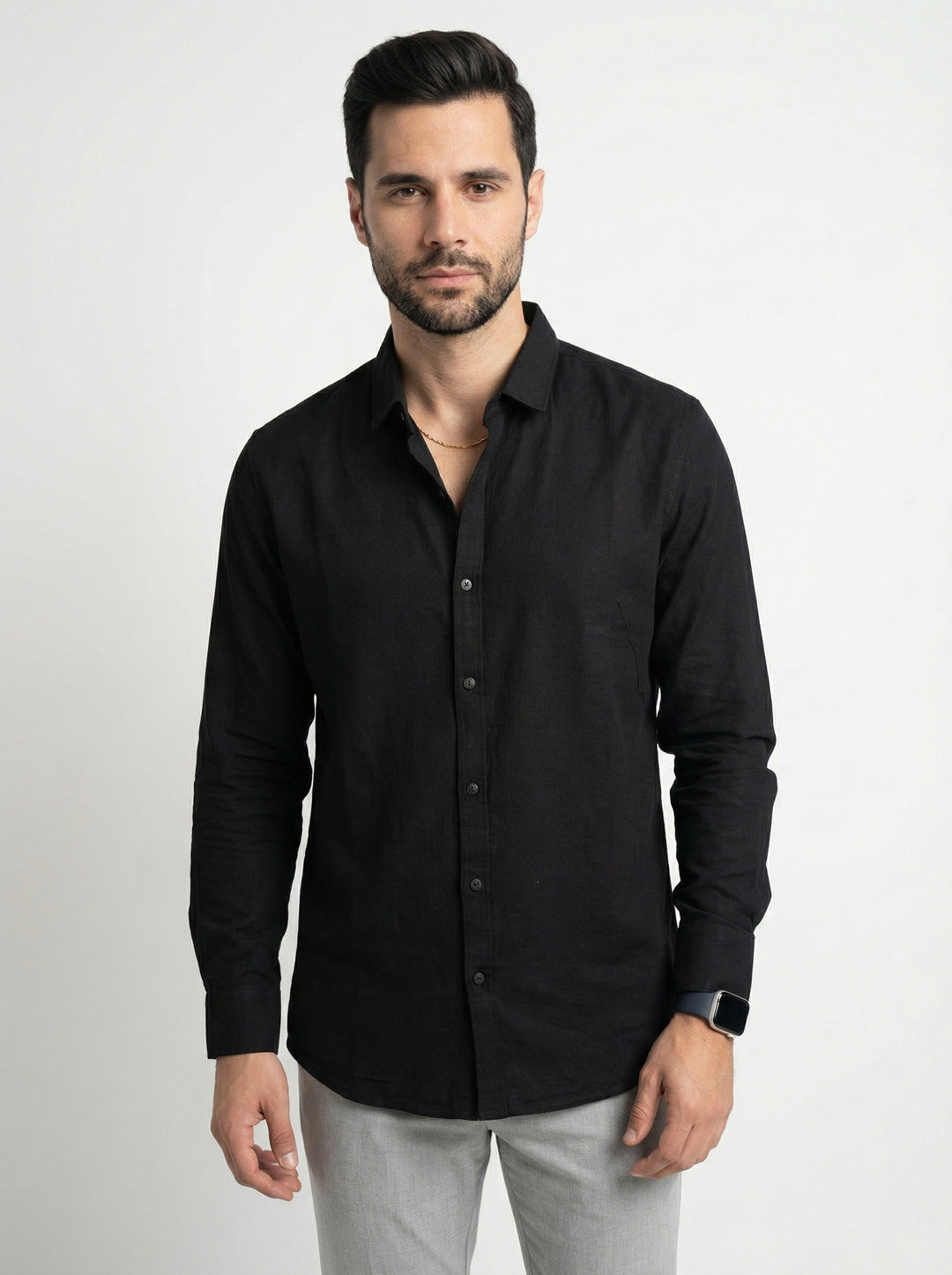 Black Band Collar Solid Print With Long Sleeves Cotton Men's Shirt
