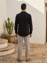 Black Band Collar Solid Print With Long Sleeves Cotton Men's Shirt