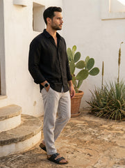 Black Band Collar Solid Print With Long Sleeves Cotton Men's Shirt
