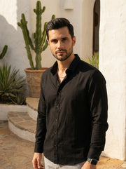 Black Band Collar Solid Print With Long Sleeves Cotton Men's Shirt