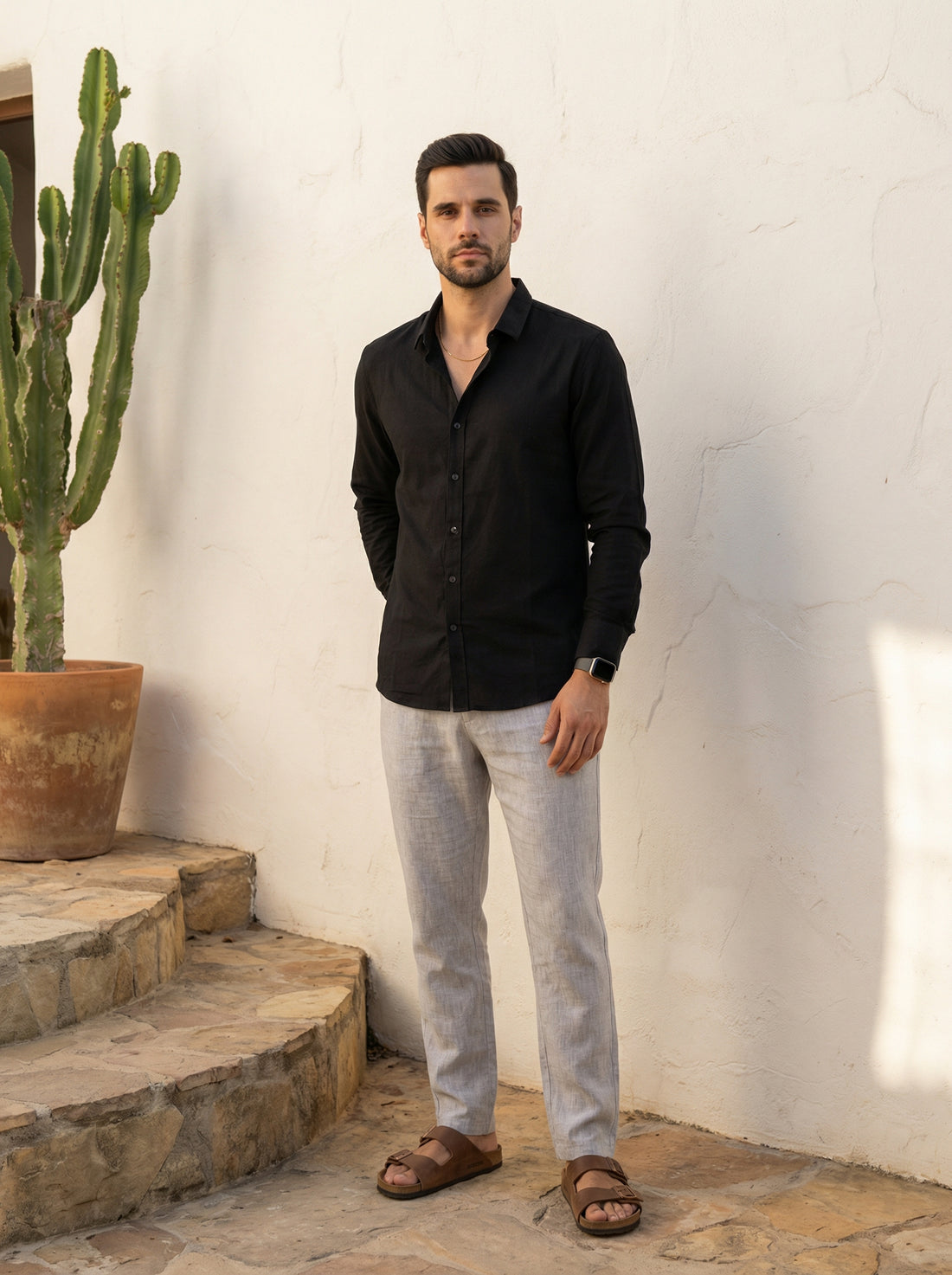 Black Band Collar Solid Print With Long Sleeves Cotton Men's Shirt