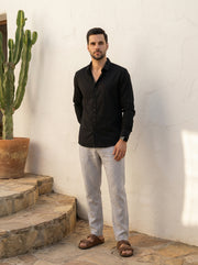Black Band Collar Solid Print With Long Sleeves Cotton Men's Shirt