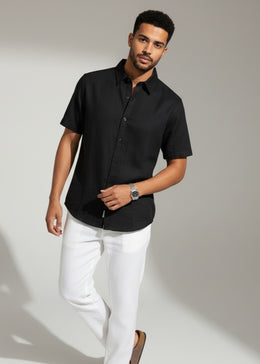 Black Solid Band Collar Short Sleeve Pure Cotton Men's Shirt