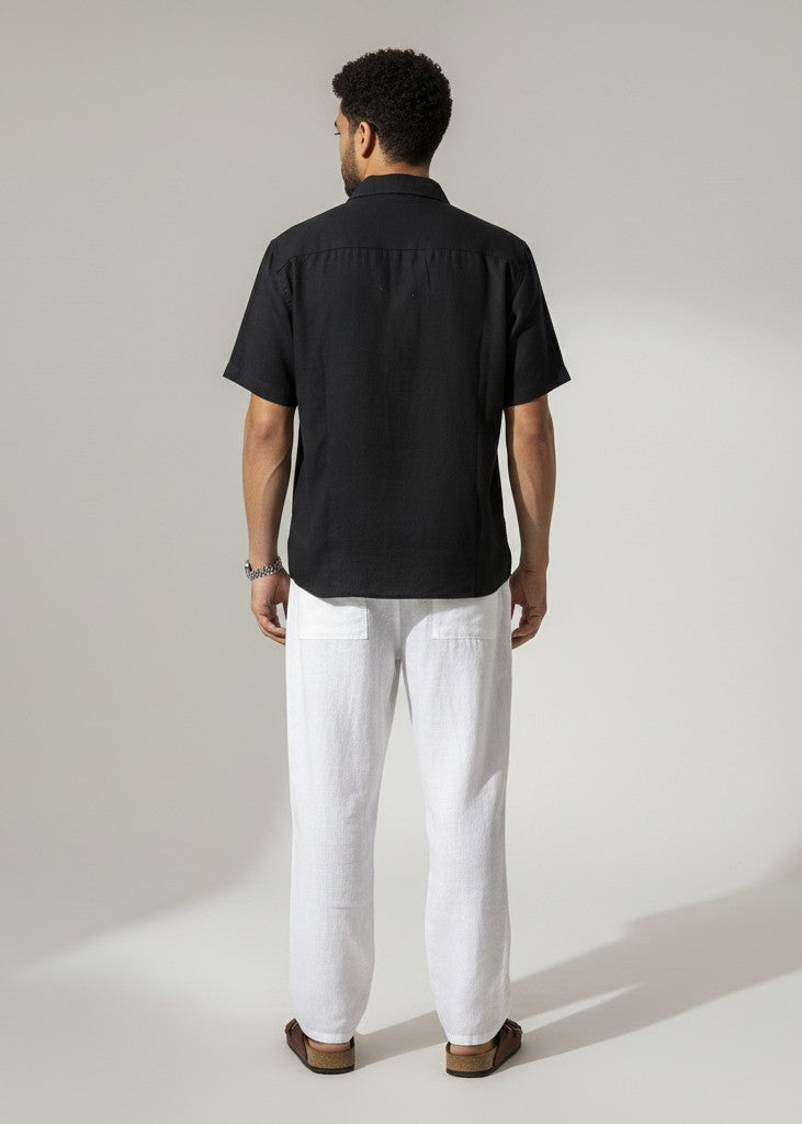 Black Solid Band Collar Short Sleeve Pure Cotton Men's Shirt