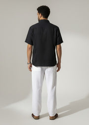Black Solid Band Collar Short Sleeve Pure Cotton Men's Shirt